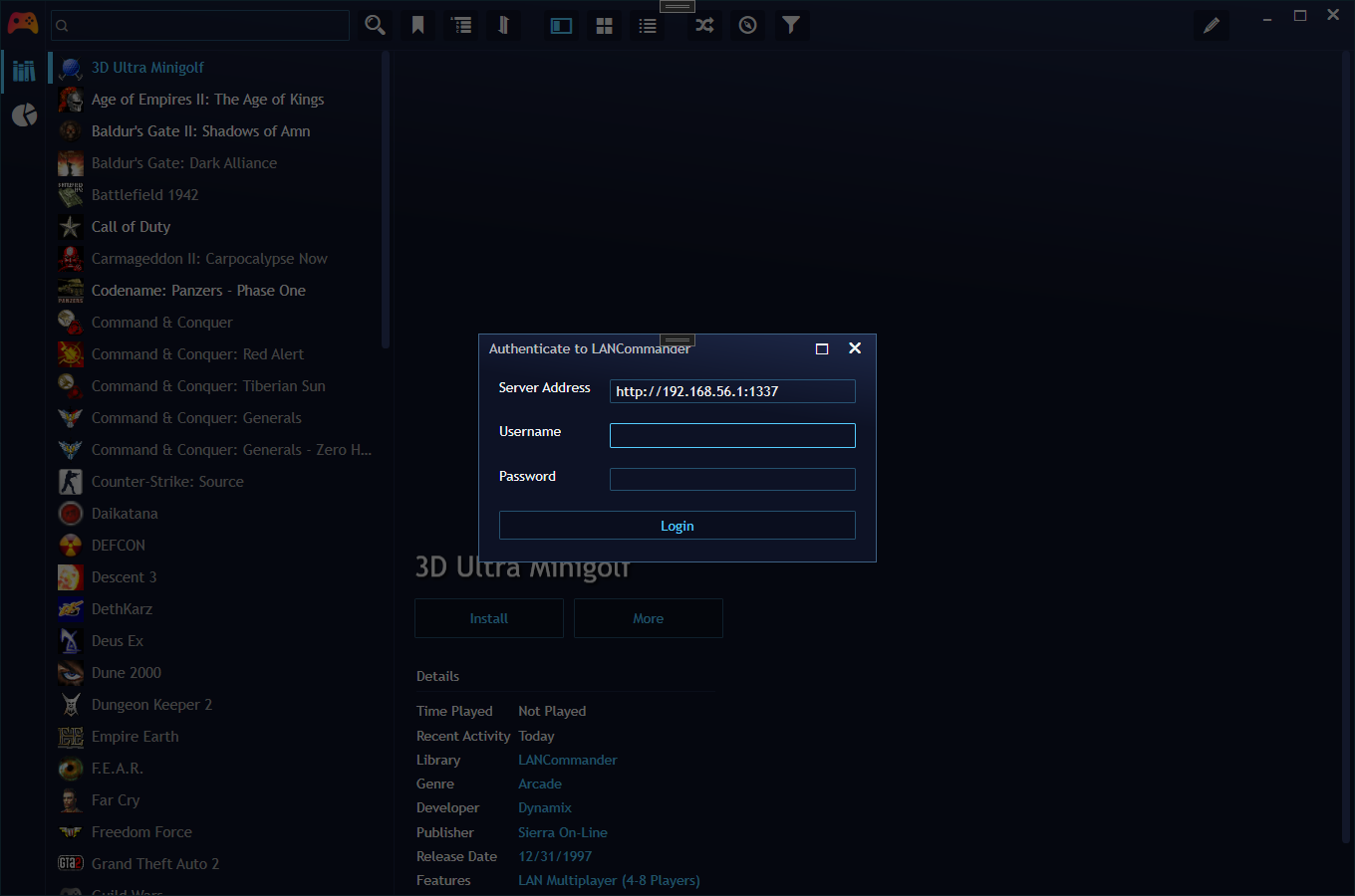 Login screen for the Playnite extension